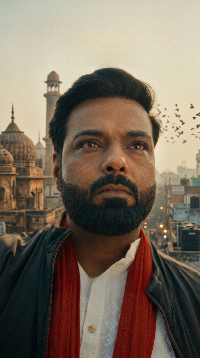 A man in a red scarf on a rooftop at dusk, a mosque skyline and birds behind him