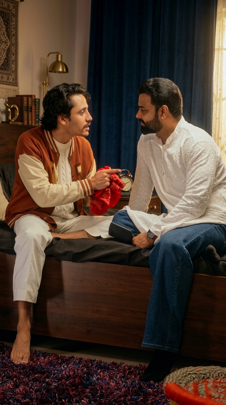 Two men in an evening conversation, sitting on a bed