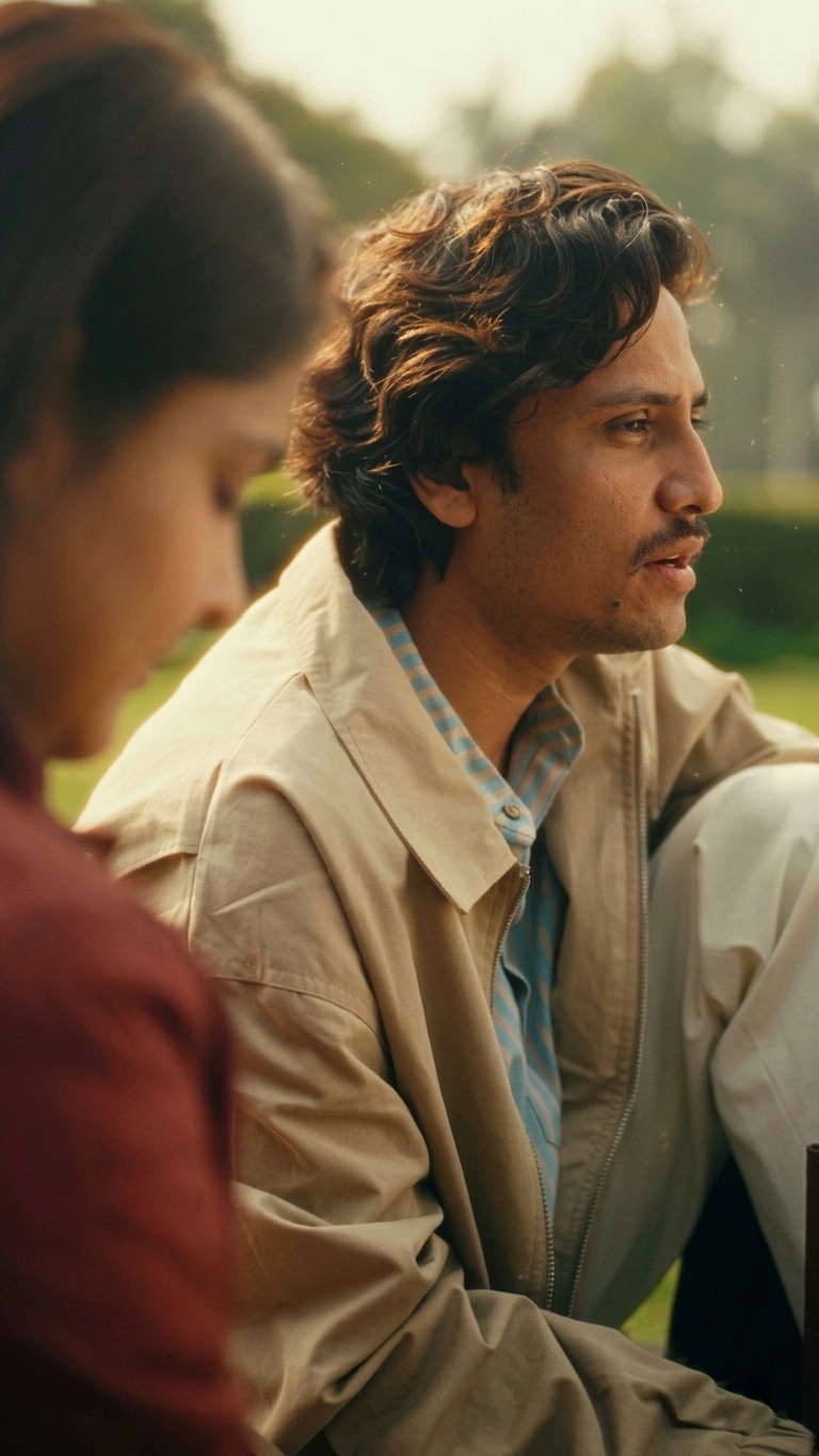 A man mid-sentence in a park, a second person blurred in the foreground